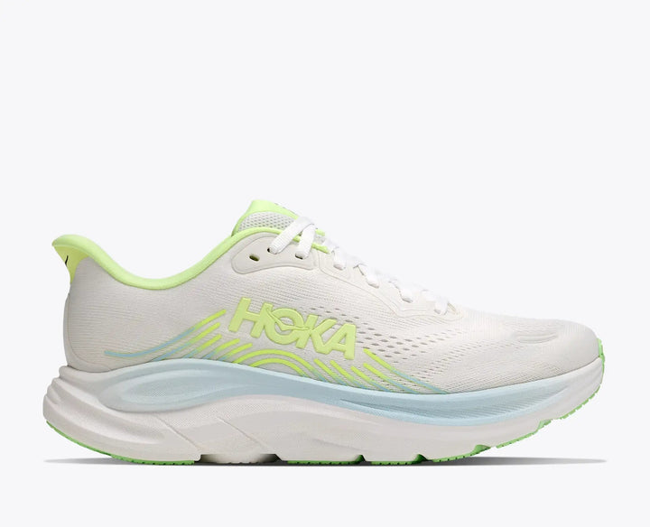 Women's Hoka Clifton 11 Running Shoe in Frost/Neon Yuzu — lateral view